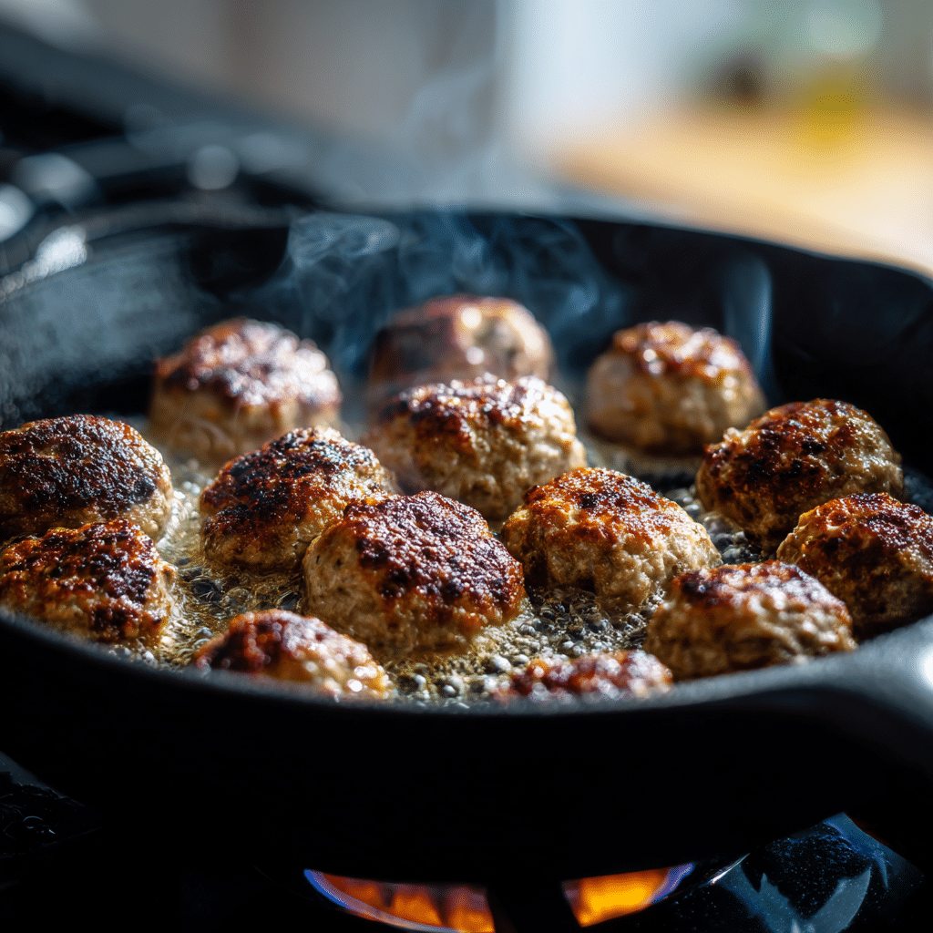 "Porcupine meatballs browning in a skillet before simmering"