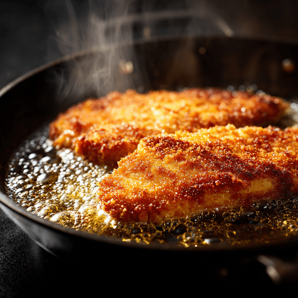 “Crispy chicken cutlet frying for katsu donburi with sweet-savory tonkatsu glaze”