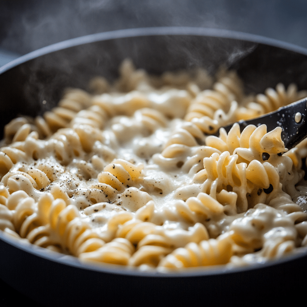 “Rotini pasta tossed in creamy garlic mozzarella sauce for Chicken Rotini with Garlic Mozzarella Sauce.”