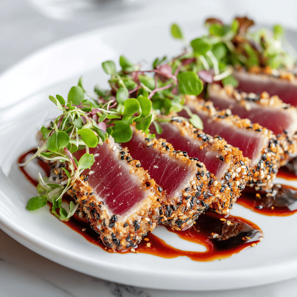 “Plated Ruth’s Chris Ahi Tuna with sesame crust, soy glaze drizzle, and fresh microgreens garnish.”