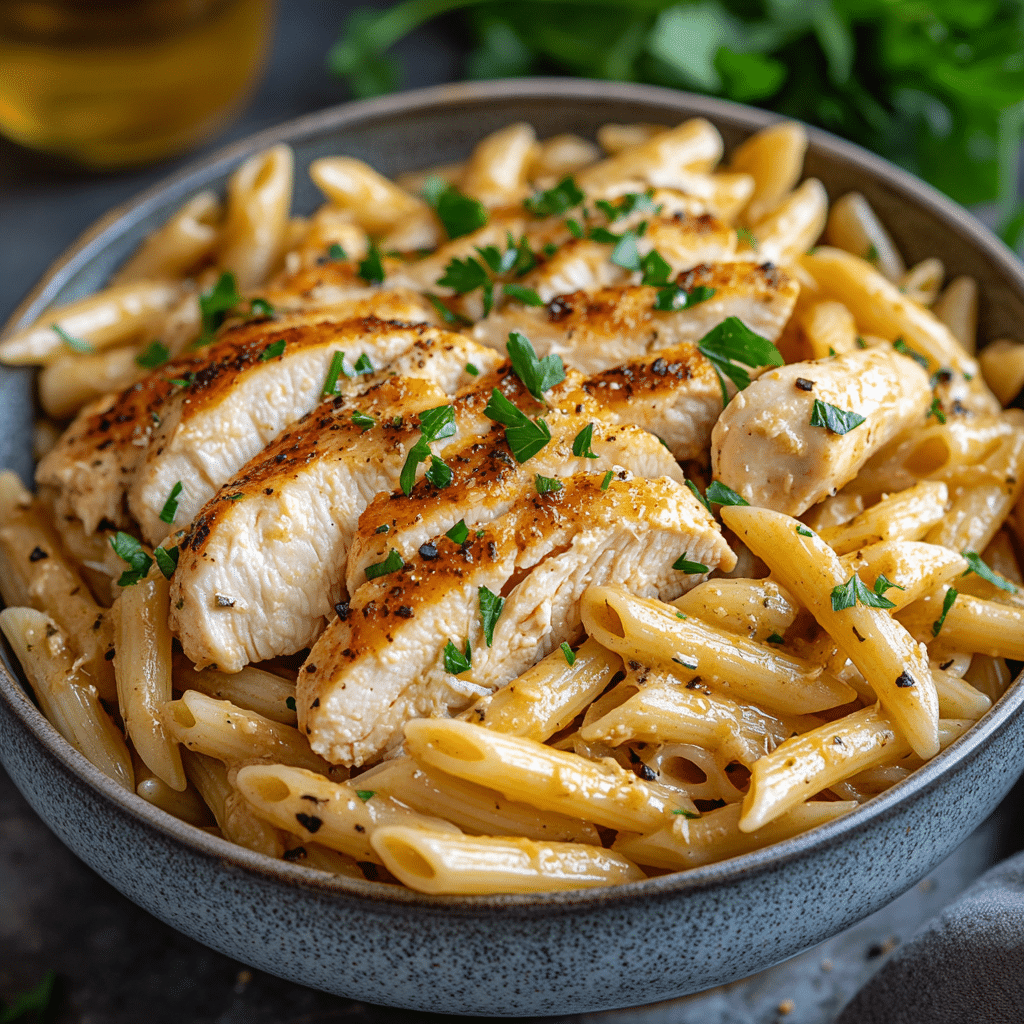 “One Pot Garlic Parmesan Chicken Penne served in a bowl with sliced chicken and parsley garnish.”