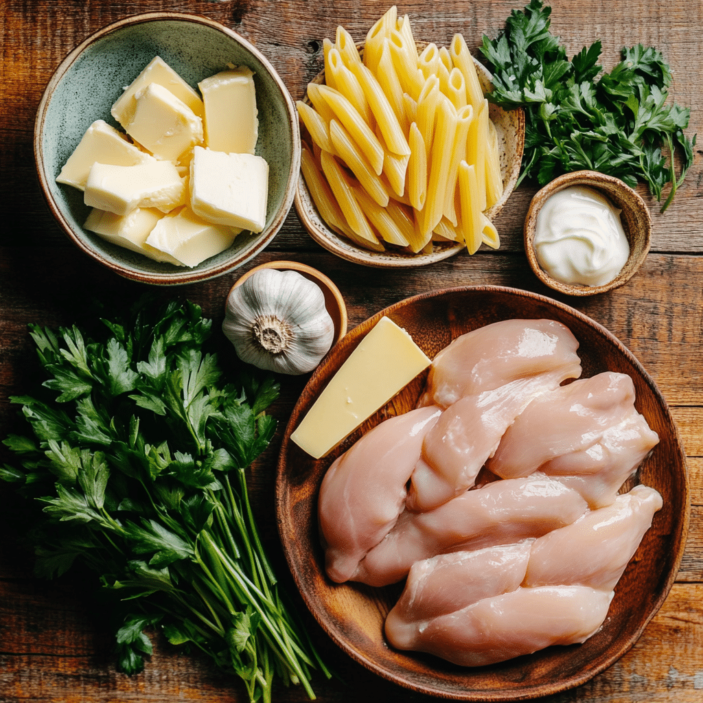 “Fresh ingredients for One Pot Garlic Parmesan Chicken Penne arranged on a wooden table.”