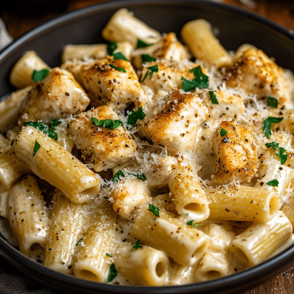 Garlic Butter Chicken Rigatoni in Alfredo Sauce
