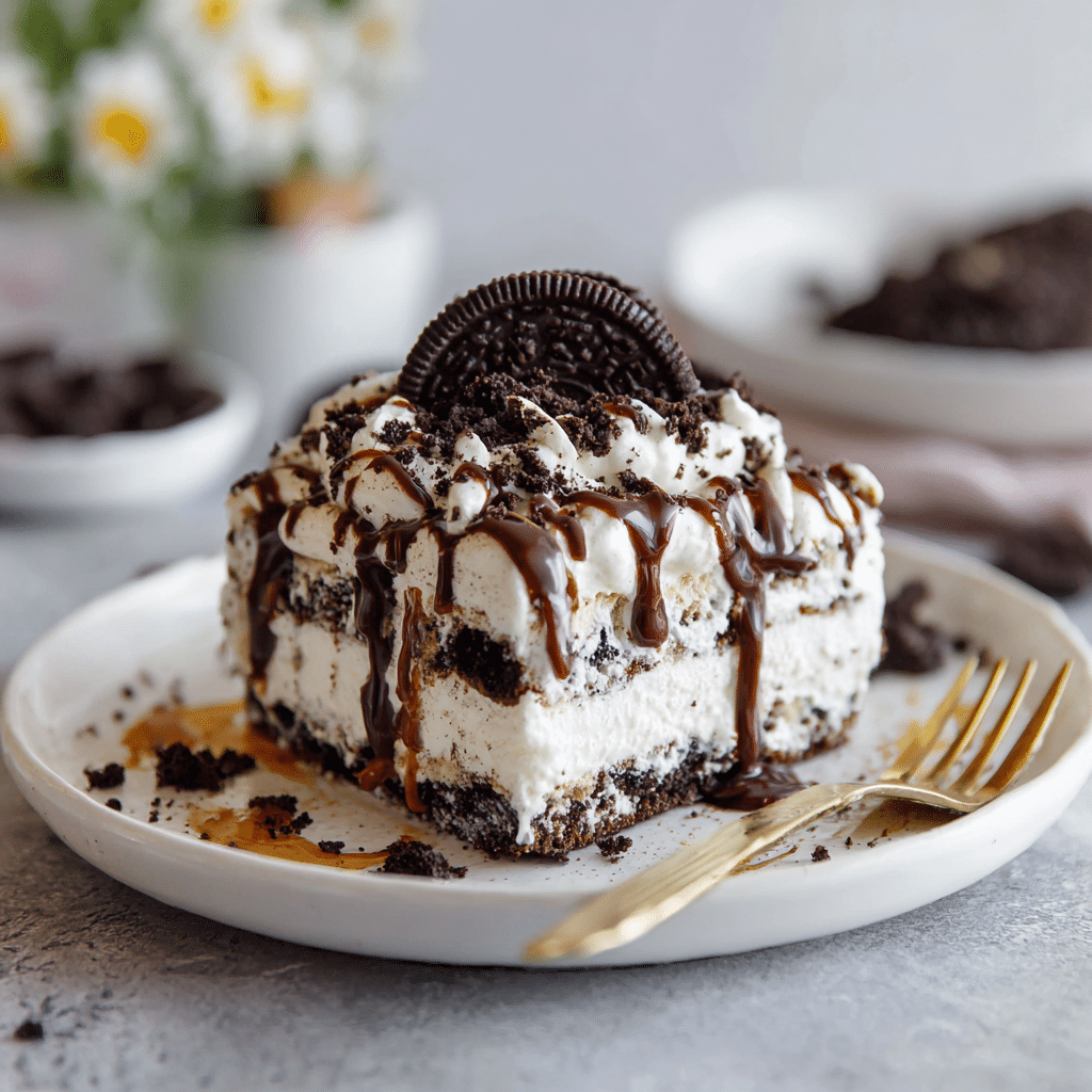 “Slice of Oreo Icebox Cake topped with crushed Oreos and chocolate drizzle on a dessert plate”