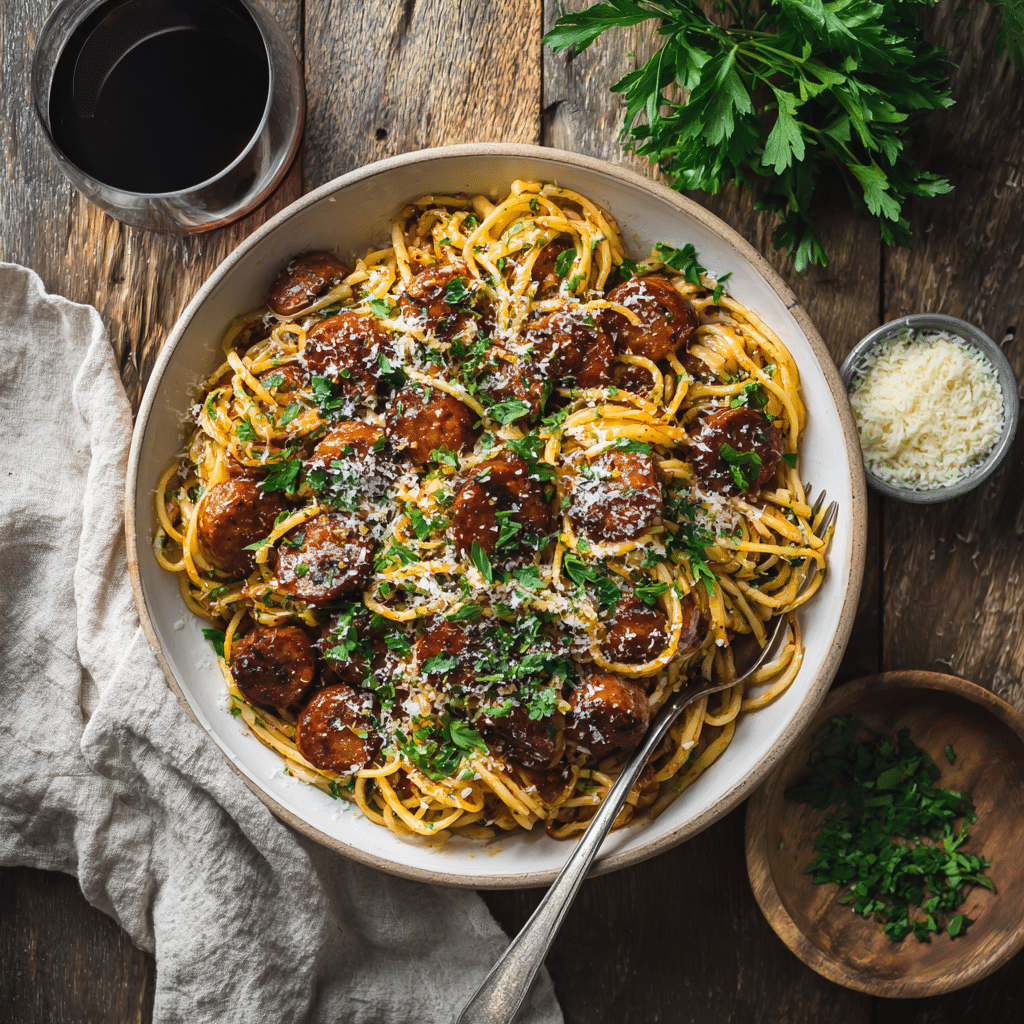 Sticky Honey Garlic Sausage Pasta Skillet