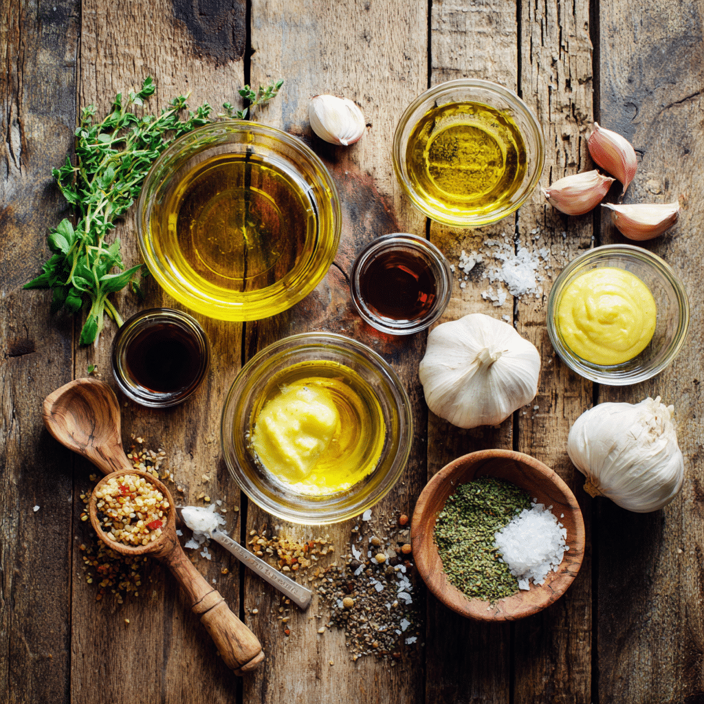 “Ingredients for homemade Italian pasta salad dressing with olive oil, vinegar, garlic, and herbs.”