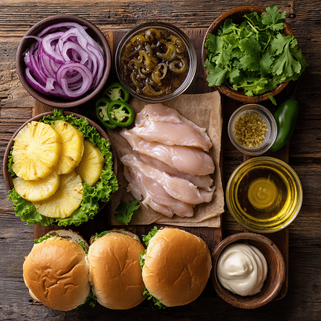 Grilled Hawaiian Chicken Sandwich ingredients arranged on a wooden board before cooking