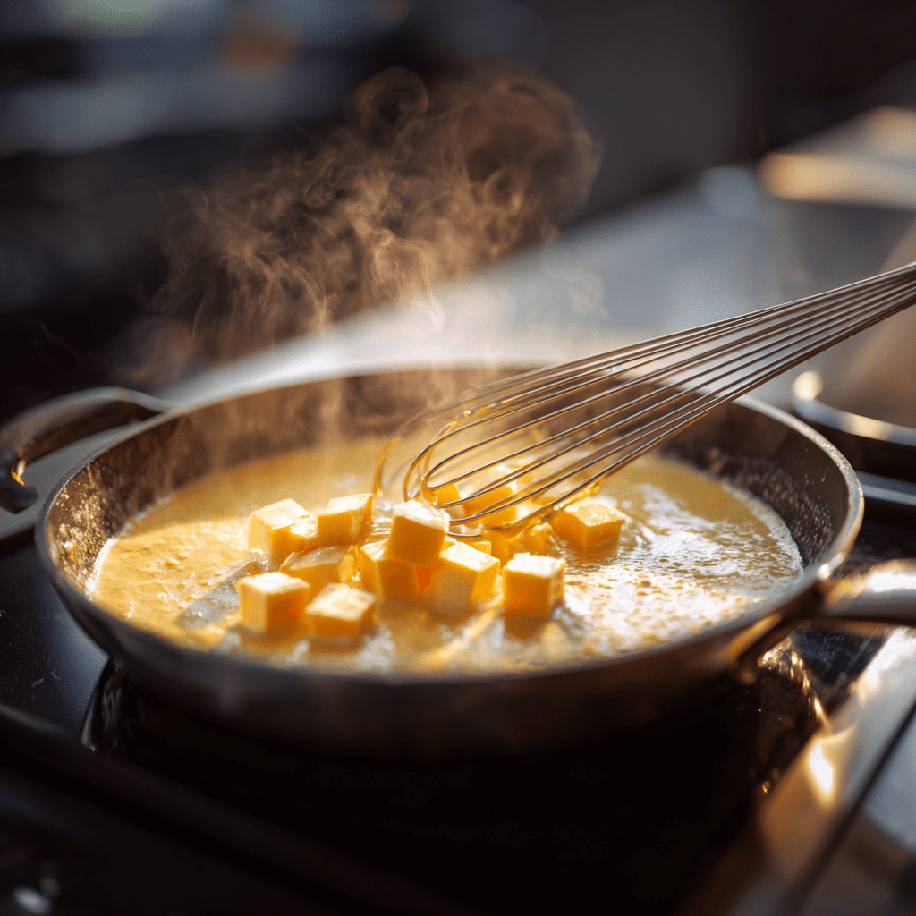 Velveeta and mozzarella melting into a creamy garlic sauce for chicken rigatoni in a skillet.