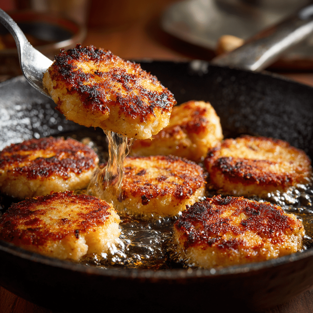 “Cooking golden Cauliflower Fritters in skillet with crispy edge”