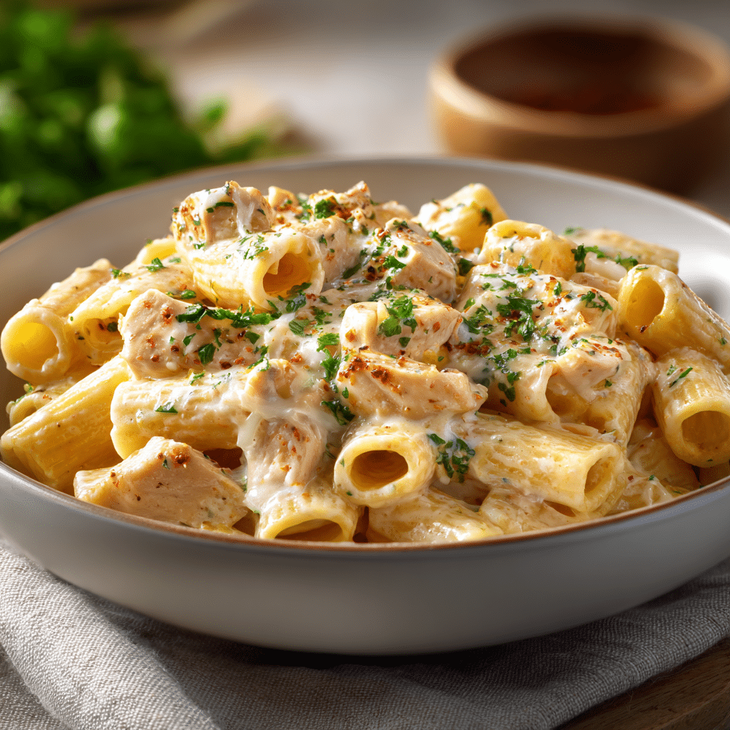 Velveeta Chicken Rigatoni with Mozzarella Garlic Sauce served hot with melty cheese pull and fresh parsley garnish.