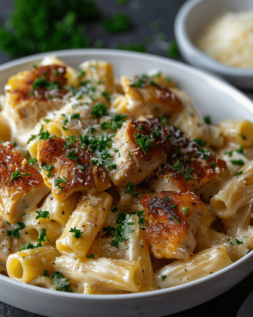 Garlic Butter Chicken Rigatoni in Alfredo Sauce