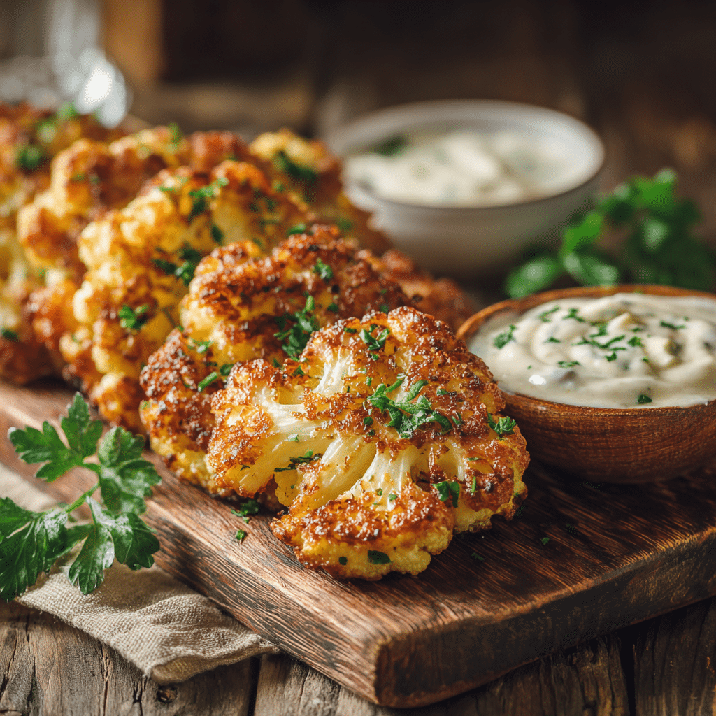 Final platter of fritters served with dipping sauce and garnish, styled appealingly. Alt text: “Plated Cauliflower Fritters with dipping sauce and garnish”