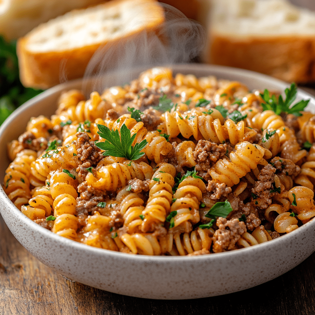 Rotini Pasta with Garlic Butter Sauce and Ground Beef