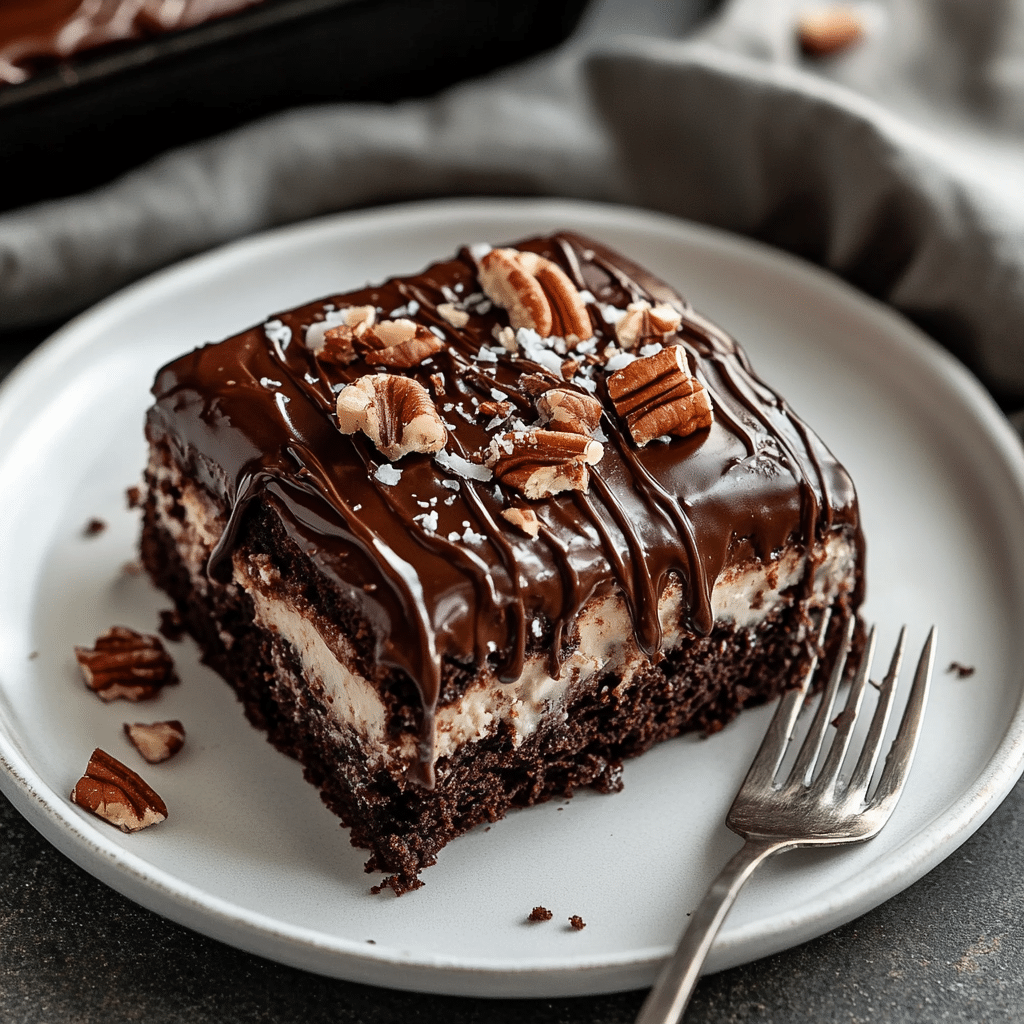 Moist Chocolate Poke Cake with Coconut-Pecan Topping