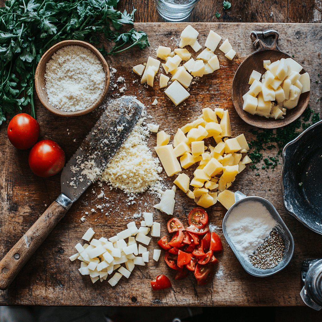 “Cheesy Ground Beef and Potato Casserole ingredients arranged on a wooden table.”