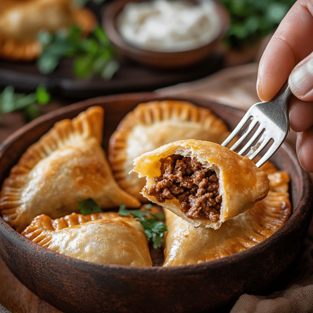 Hands folding Delicious Empanadas before baking, with golden empanadas cooling on a tray.