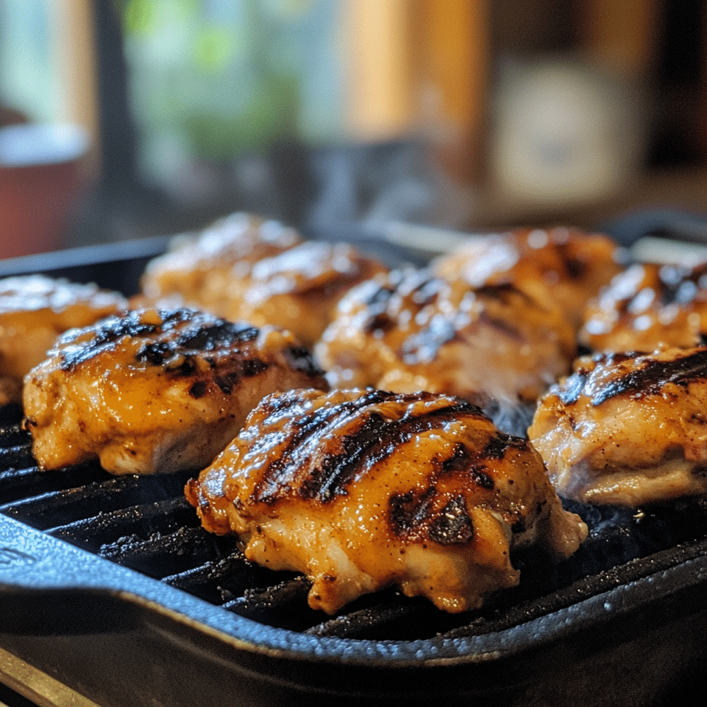 Grilled chicken thighs cooking for a Spicy Thai Peanut Chicken Bowl.
