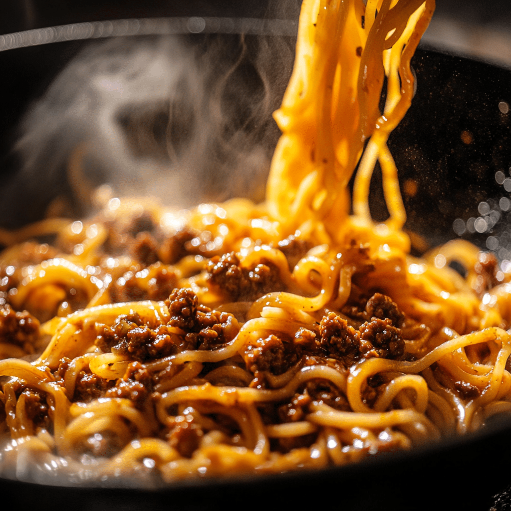 Tossing Asian-Style Ground Beef Spaghetti in a wok with glossy soy-chili sauce.