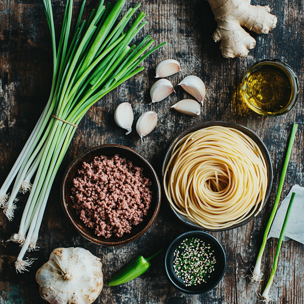 Ingredients for Asian-Style Ground Beef Spaghetti arranged on a wooden surface.