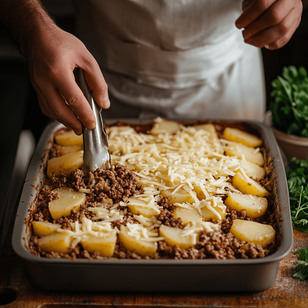 “Layering potatoes and beef in a Cheesy Ground Beef and Potato Casserole dish.”