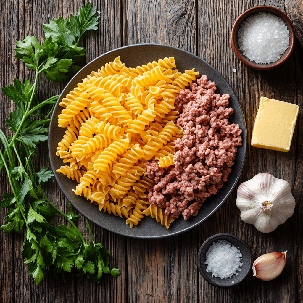 “Rotini Pasta with Garlic Butter Sauce and Ground Beef ingredients displayed fresh before cooking.”