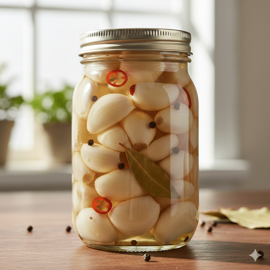 Glass jar of homemade pickled garlic cloves in vinegar brine with chili flakes and spices on a wooden kitchen counter.