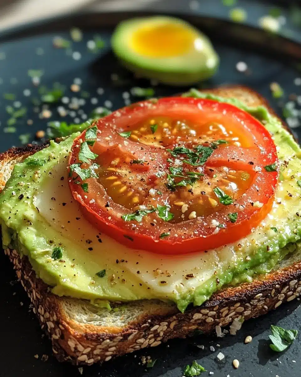 Avocado toast topped with fresh tomatoes on a plate