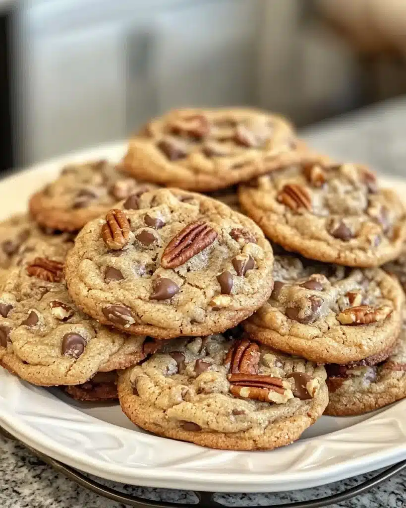 Delicious browned butter pecan chocolate chip cookies on a baking tray