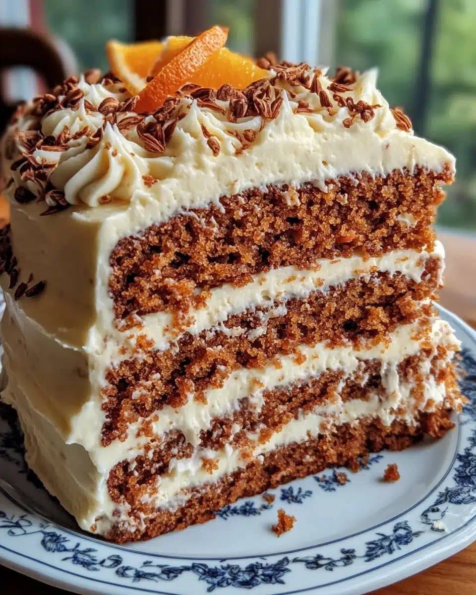 Carrot cake topped with orange cream cheese frosting on a white plate