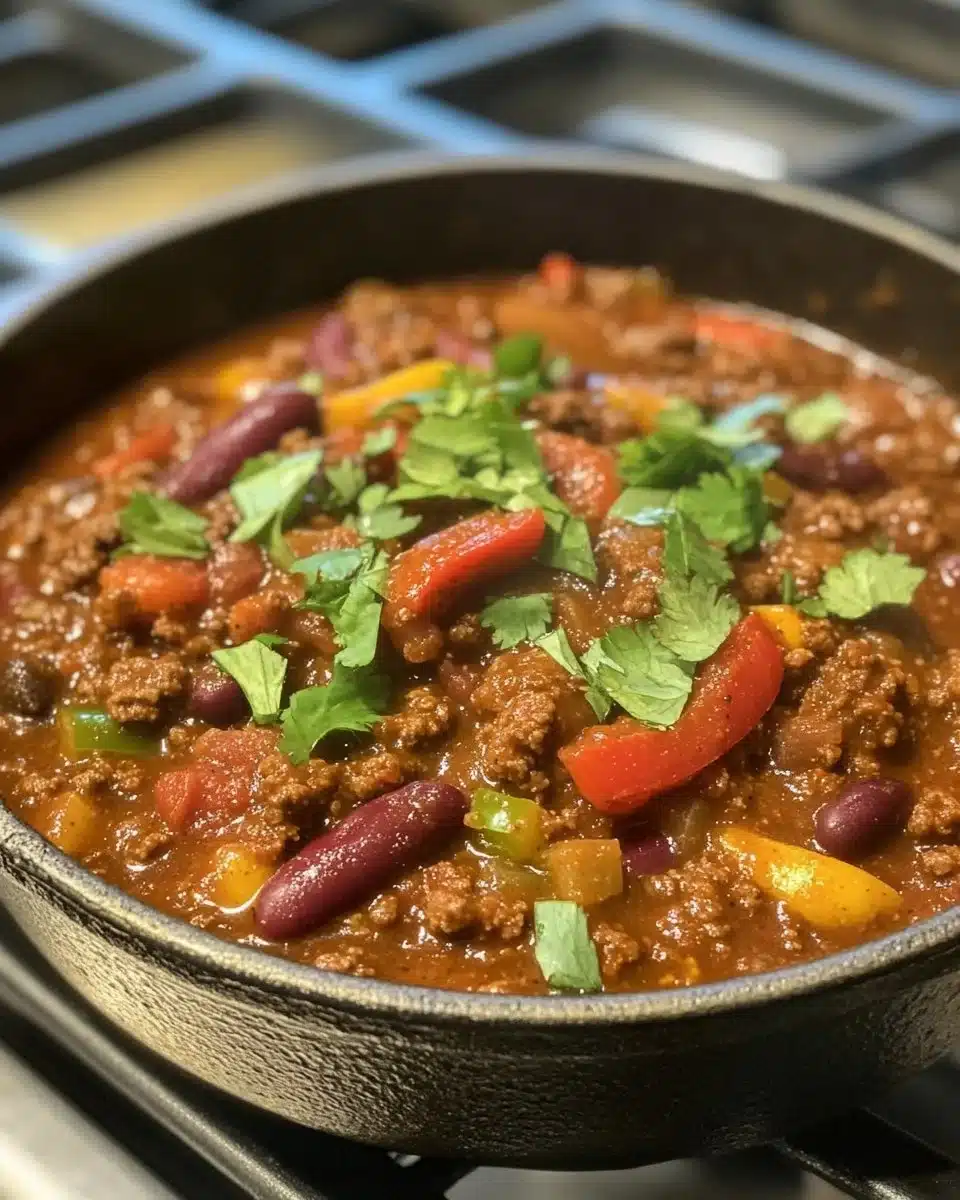 Bowl of easy chili recipe garnished with fresh herbs