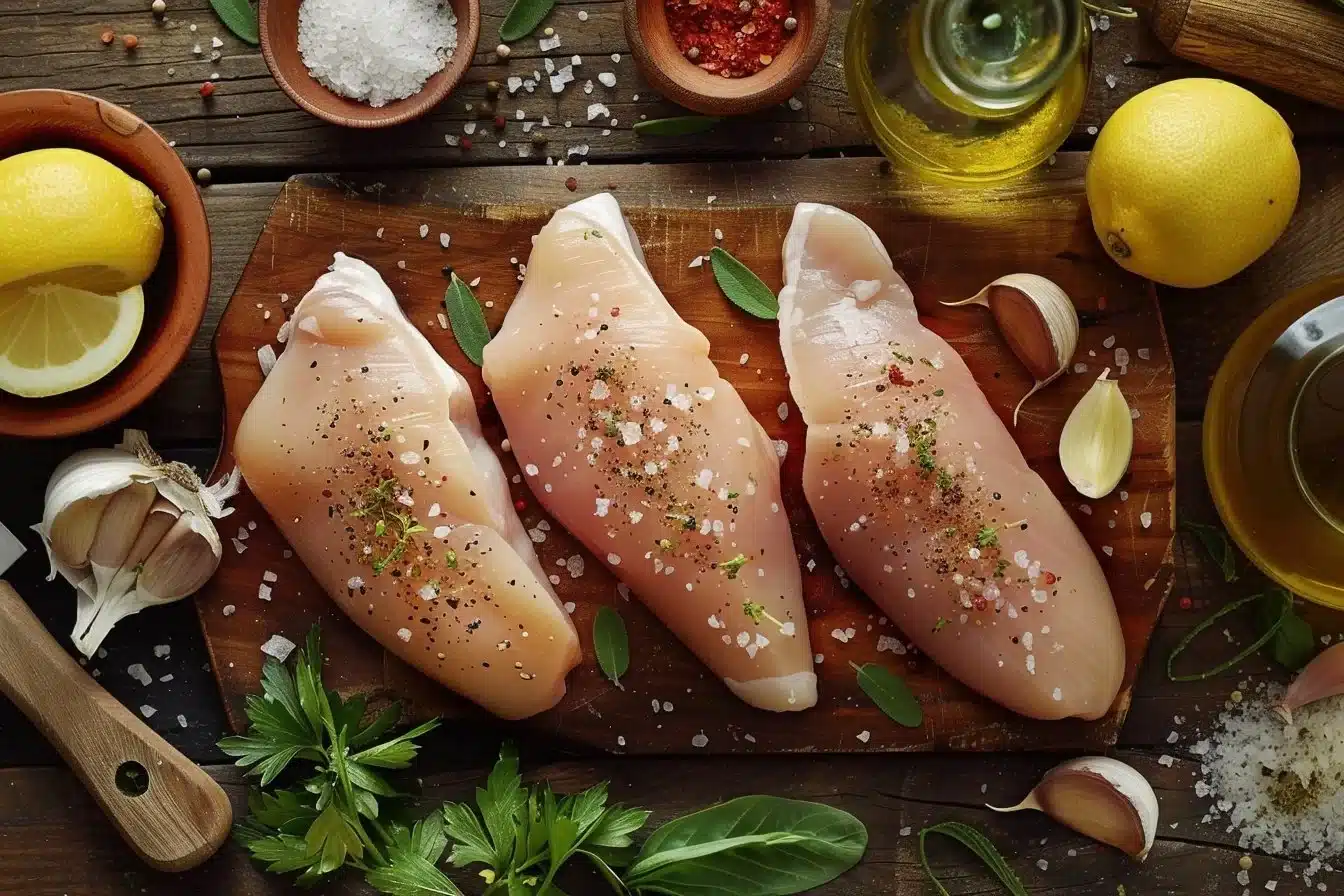 Juicy easy grilled chicken breast on a plate with herbs and spices