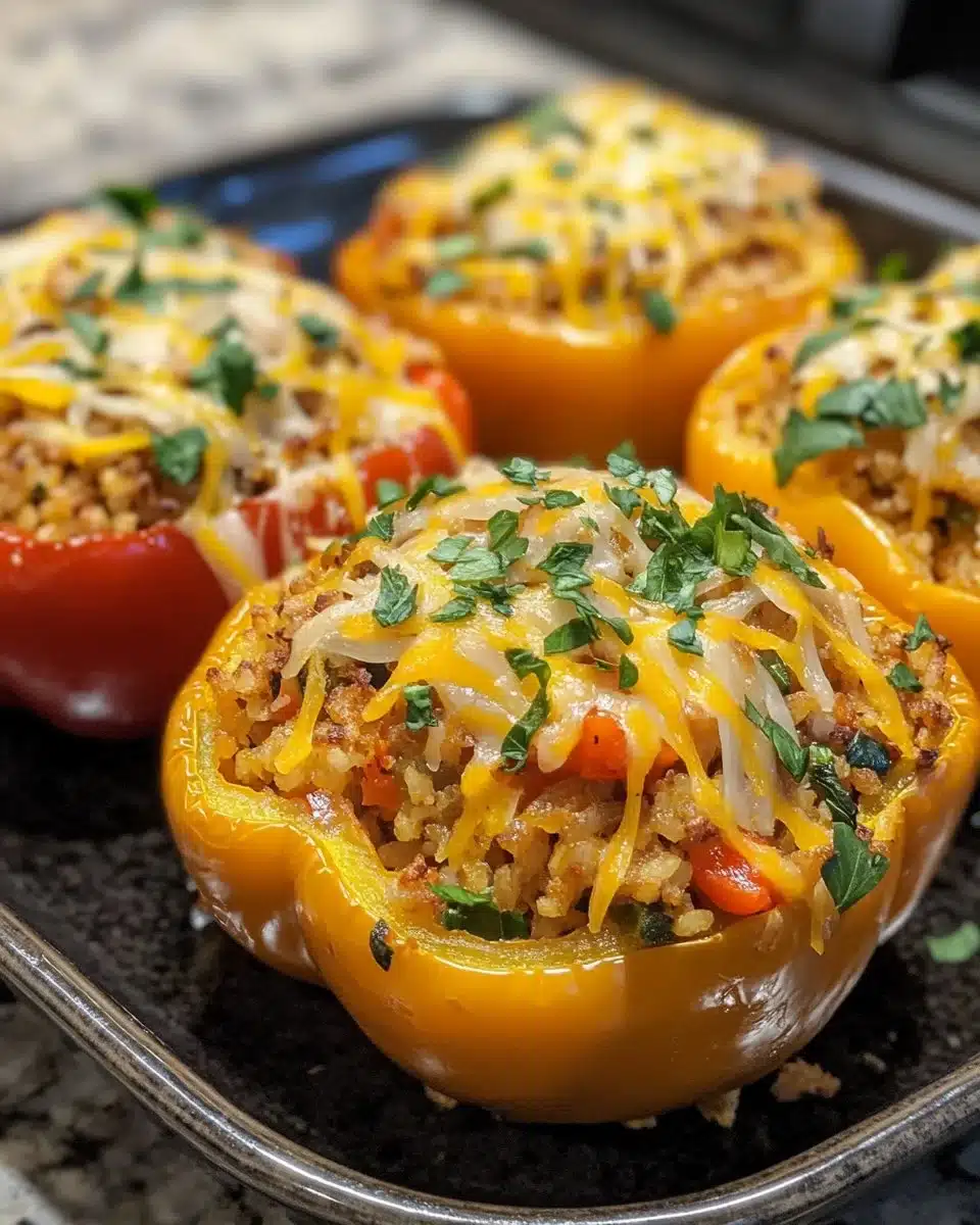 Plate of easy stuffed peppers filled with colorful vegetables and meat