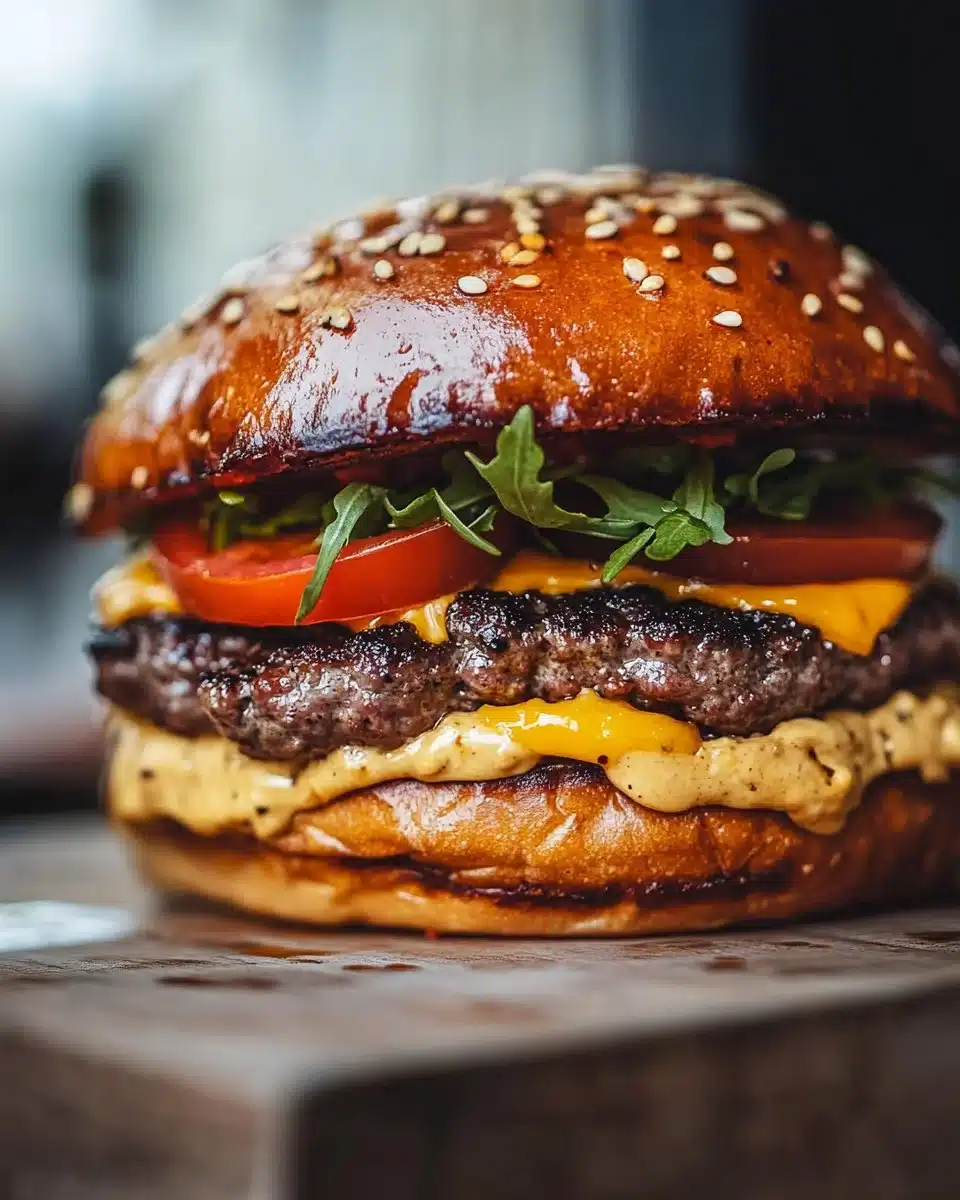 Delicious and juicy beef burgers served on a rustic wooden table.