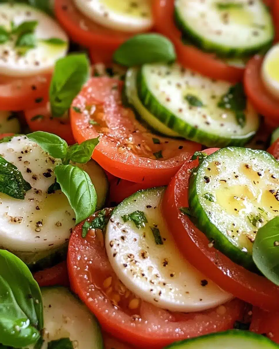 Juicy Cucumber Caprese Salad with tomatoes and mozzarella on a plate