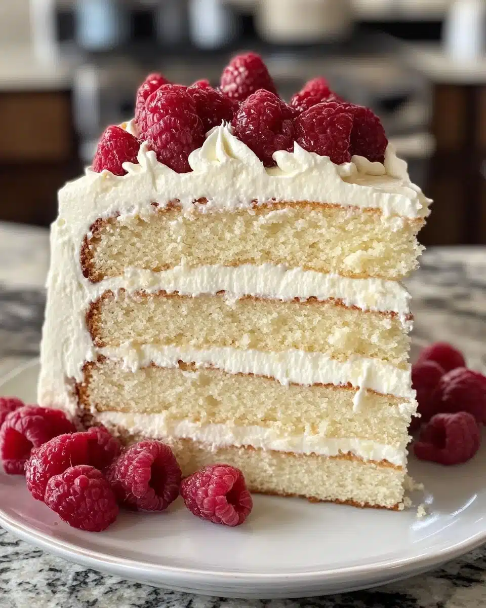 Perfect vanilla cake topped with creamy frosting on a decorative plate.