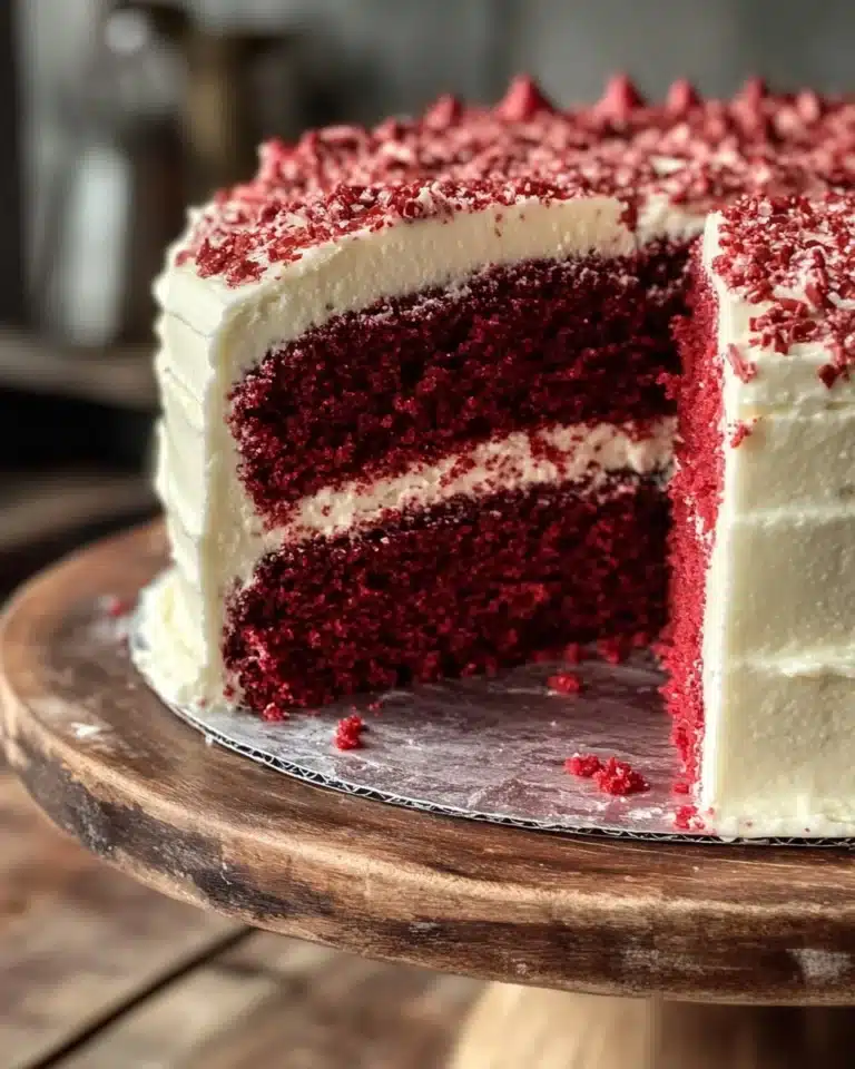 Delicious slice of Red Velvet Cake with cream cheese frosting on a decorative plate