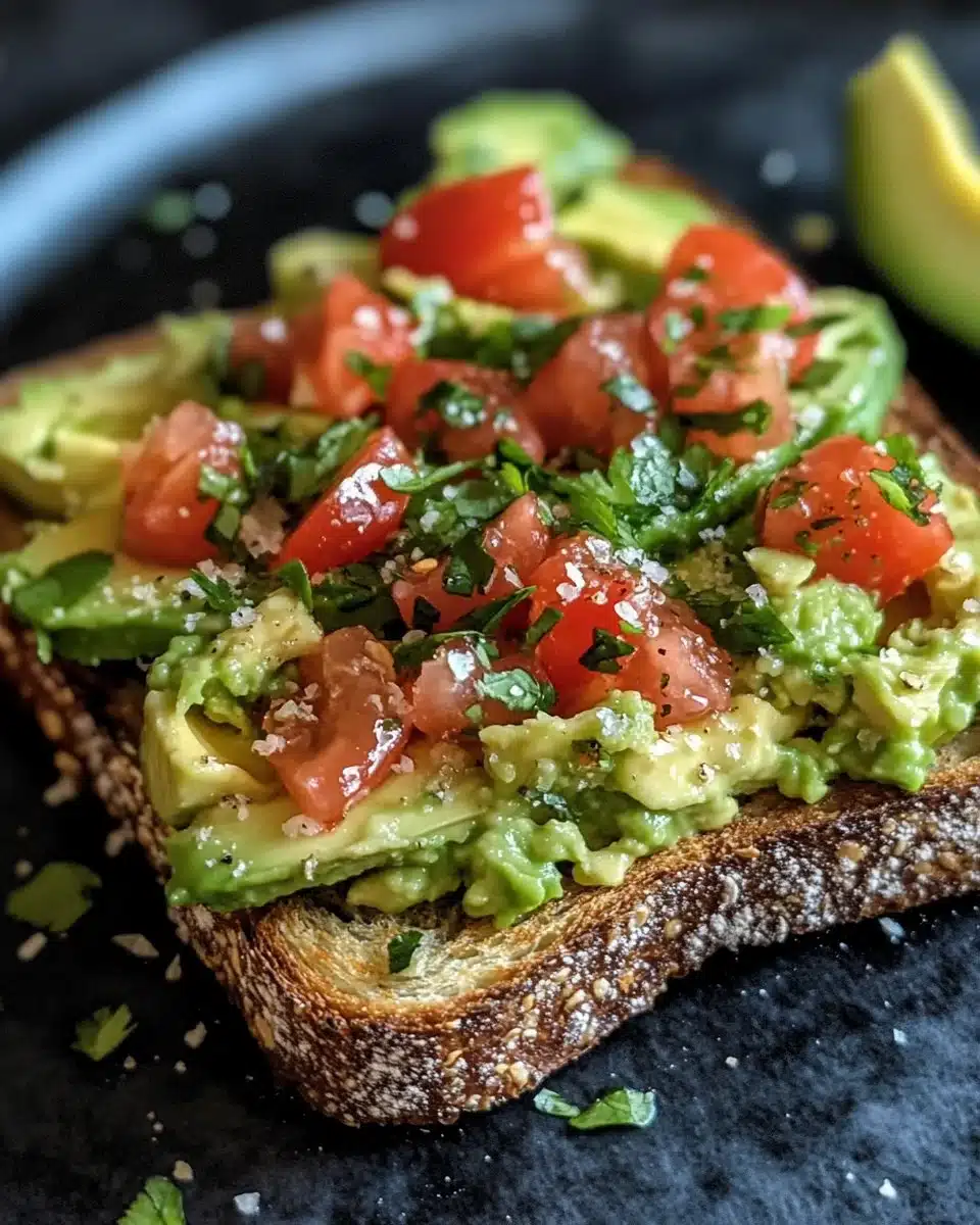 Salsa-topped avocado toast garnished with fresh herbs and spices.