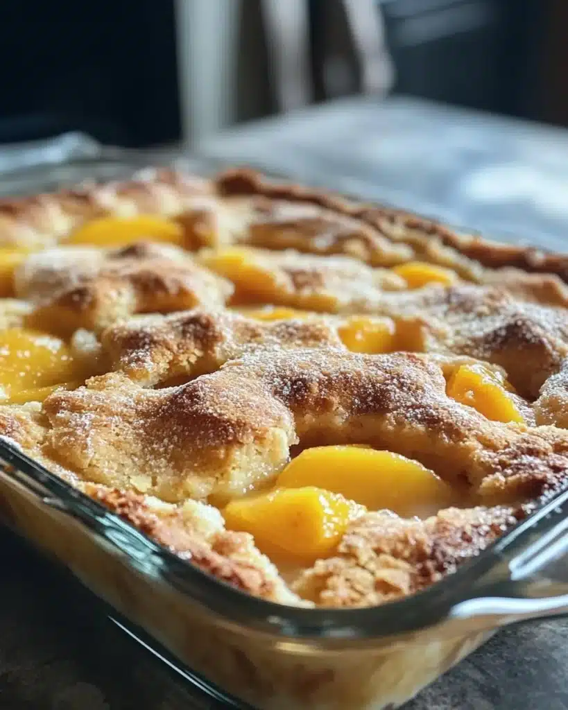 Delicious southern peach cobbler served in a dish with a golden crust and fresh peaches
