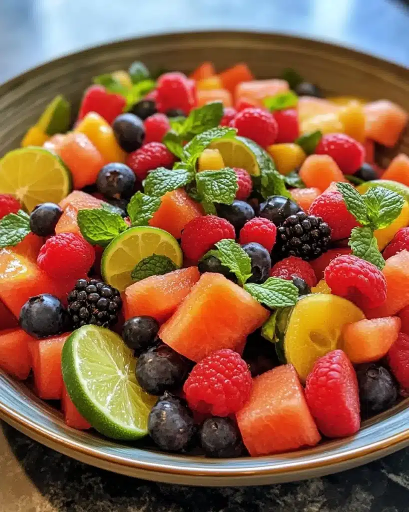 Honey lime mint watermelon berry salad topped with fresh mint leaves