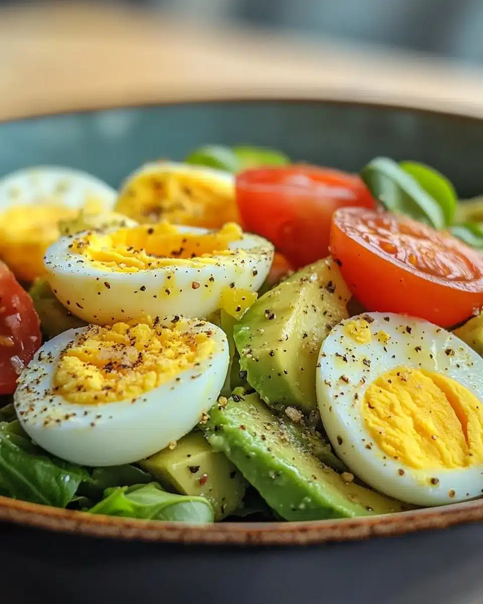 Creamy avocado egg salad topped with herbs and served in a bowl.