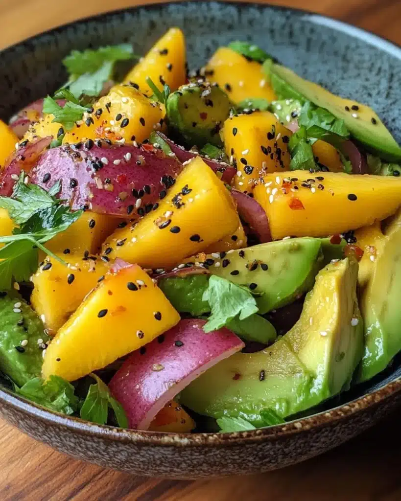 Fresh avocado mango salad with vibrant ingredients and dressing for a healthy meal.