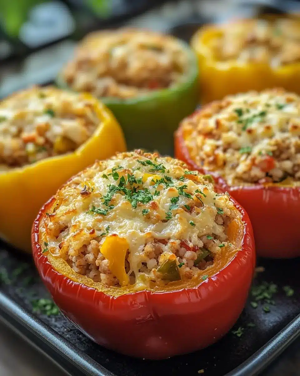 Colorful classic stuffed peppers filled with delicious ingredients for a weeknight dinner.
