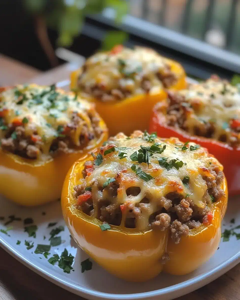 Ground beef stuffed peppers recipe showcasing colorful peppers filled with beef mixture