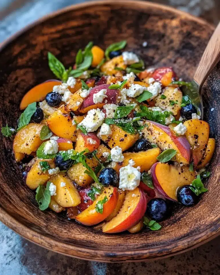 Colorful Peach Blueberry Feta Salad with fresh ingredients on a plate