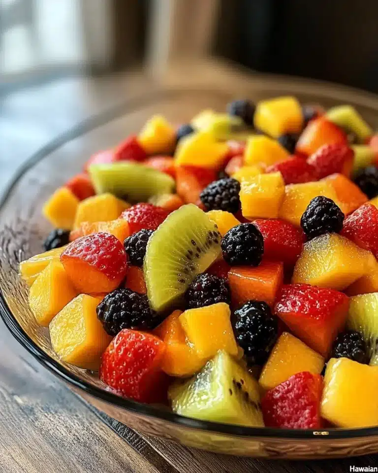Colorful island-style fruit salad with tropical fruits and a refreshing dressing.