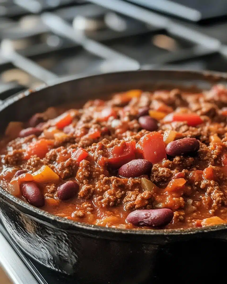 Bowl of Old-Fashioned Chili with toppings on a rustic wooden table
