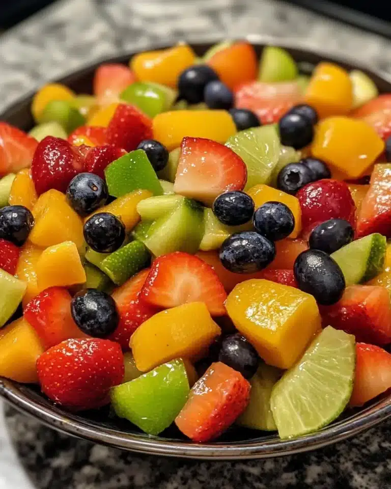 A vibrant honey-lime fruit salad with mixed fruits in a bowl