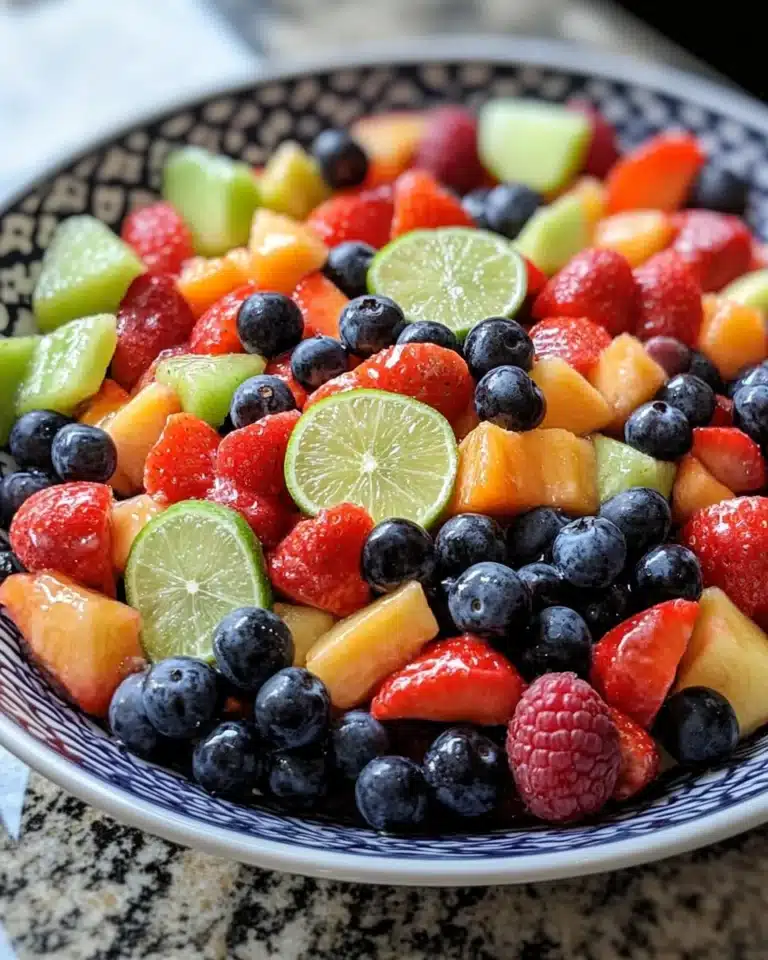 Vibrant honey-lime fruit salad served in a bowl with colorful fruits and dressing.