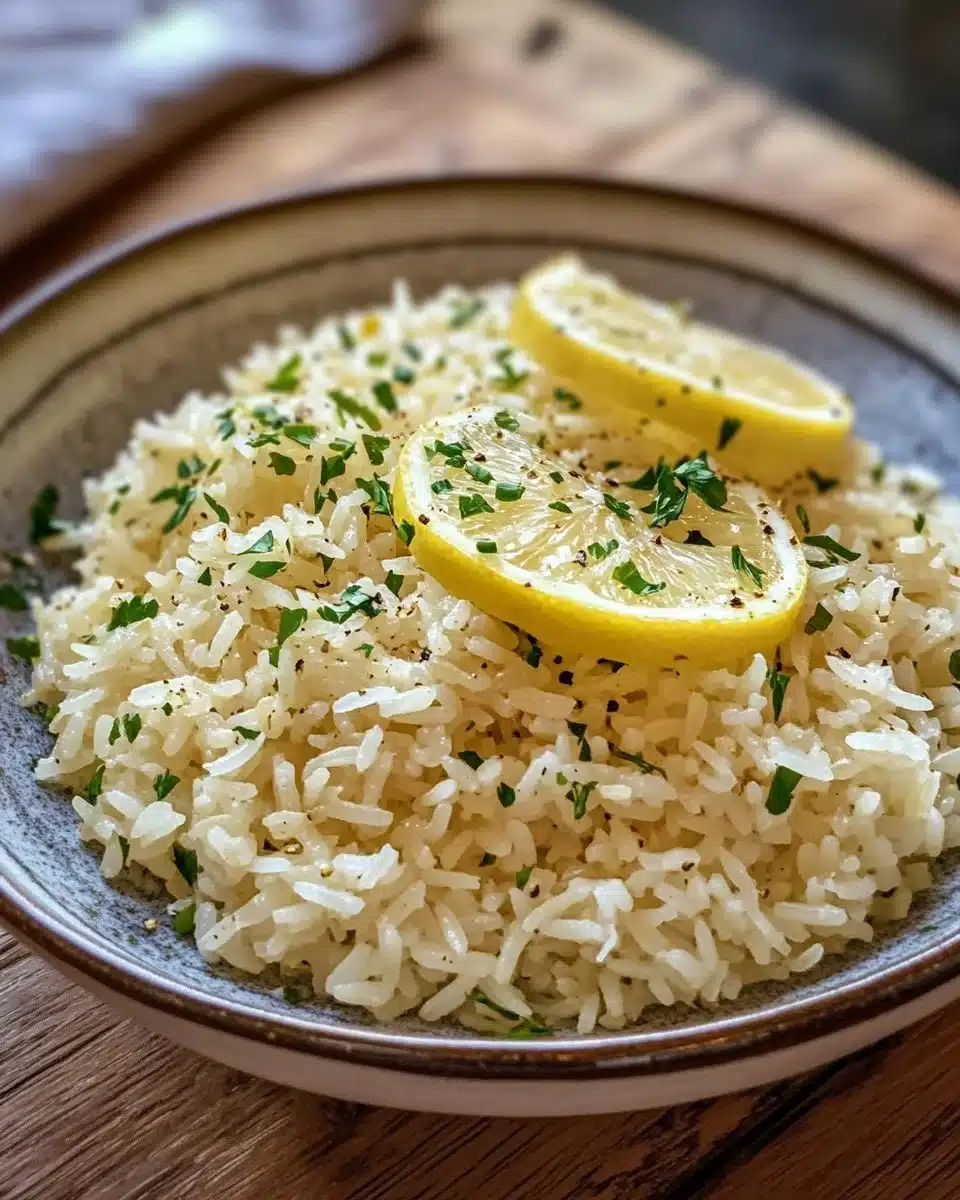 Zesty Greek Lemon Rice Pilaf served in a bowl with lemon slices